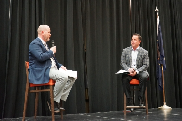 House Speaker Brad Wilson, right, spoke with land and water use attorney Nathan Bracken at the Great Salt Lake Summit. They discussed possible policies for addressing the lake’s crisis.