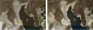 The Operational Land Imager (OLI) on Landsat 8 acquired images of the north end of the Great Salt Lake on July 29, 2017 [left], and July 24, 2021 [right].