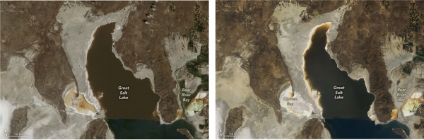 The Operational Land Imager (OLI) on Landsat 8 acquired images of the north end of the Great Salt Lake on July 29, 2017 [left], and July 24, 2021 [right].